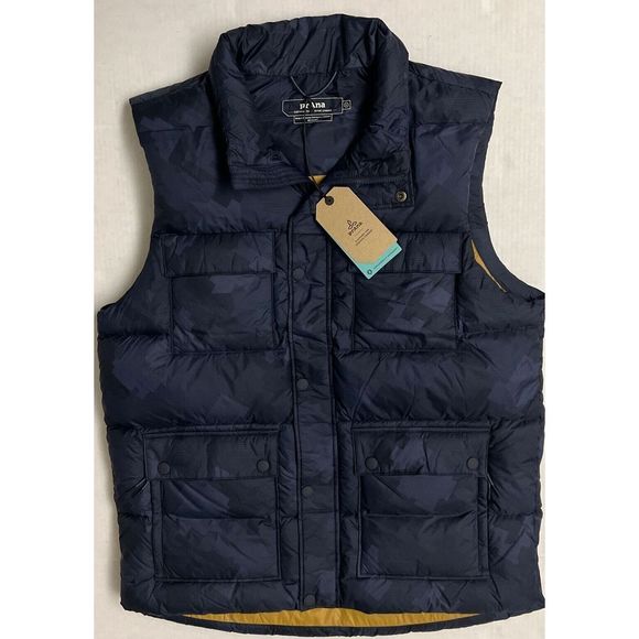 PrAna Down Puffer Vest Men Sz L Navy Blue Camo Red Slate Sleeveless Jacket $169 - Picture 4 of 11